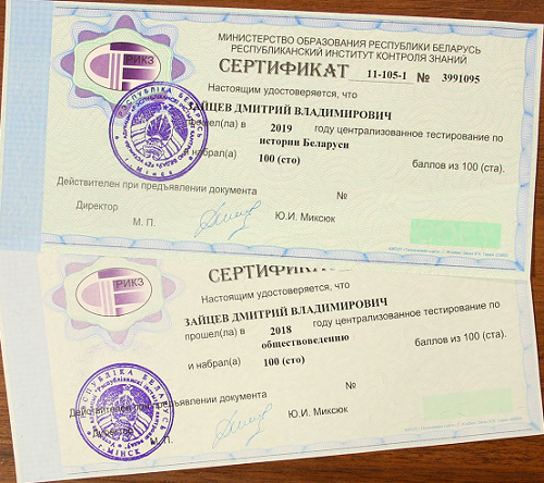 сертификаты ЦТ Дмитрия Зайцева